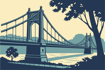 Obraz premium The Old Chain Bridge in Stillwater, Minnesota, gently lit at dusk with light foot traffic over the St. Croix River, modern flat illustration style.