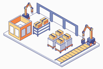 Top-down view of a high-tech factory floor with robotic arms, conveyor belts, and automated packaging systems in modern flat illustration style.