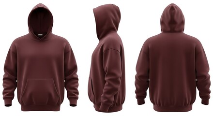 Maroon Hoodie Mockup: Front, Side, and Back Views Isolated on White