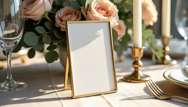 Table number mockup. Blank menu frame on romantic dinner table setting
