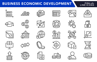 Business Economic Development line icon set. Office management, finance, containing business, economic stimulus, trade expansion, sustainable development line icon set. Ui thin line icon pack.