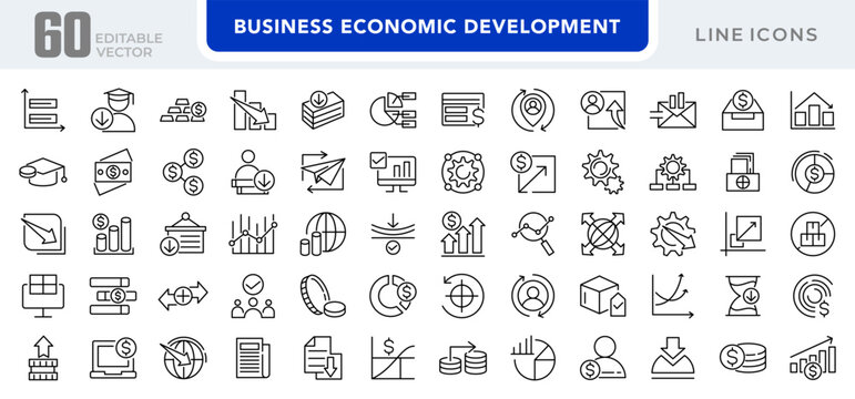 Business Economic Development line icon set. Office management, finance, containing business, economic stimulus, trade expansion, sustainable development line icon set. Ui thin line icon pack.