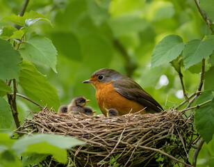 A Mother robin tenderly watches over her chicks in a nest nestled amongst lush green leaves.