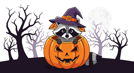Adorable Halloween Illustration of a Raccoon Wizard Peeking out from a Jack-o'-Lantern