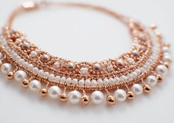 Rose gold and pearl choker necklace with intricate wirework and beaded detailing, featuring a cascading fringe of pearls
