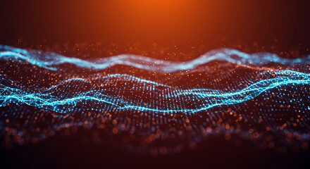 Abstract digital wave of blue and orange particles flowing against a dark background, creating a dynamic and futuristic visual.