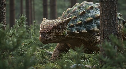 A close up of an ankylosaurus dinosaur walking through a dense forest with tall trees and lush greenery