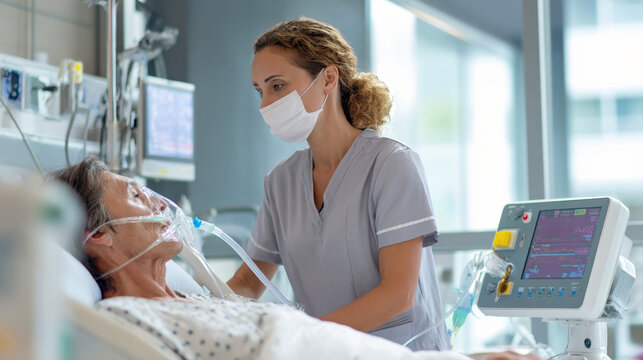 A dedicated nurse wearing protective mask attentively checks on a senior patient who is in bed, using ventilator. Scene portrays compassionate medical care, importance of professional health services