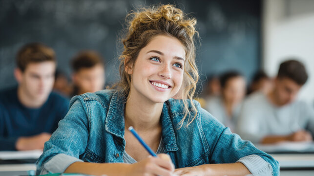 A captivating image of a happy college student, writing notes in a lecture hall. Her genuine smile convey enthusiasm for learning, making this a perfect representation of academic success and joy.