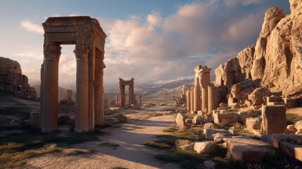 Obraz premium Sunlit Ruins of an Ancient Persian Empire City at Golden Hour