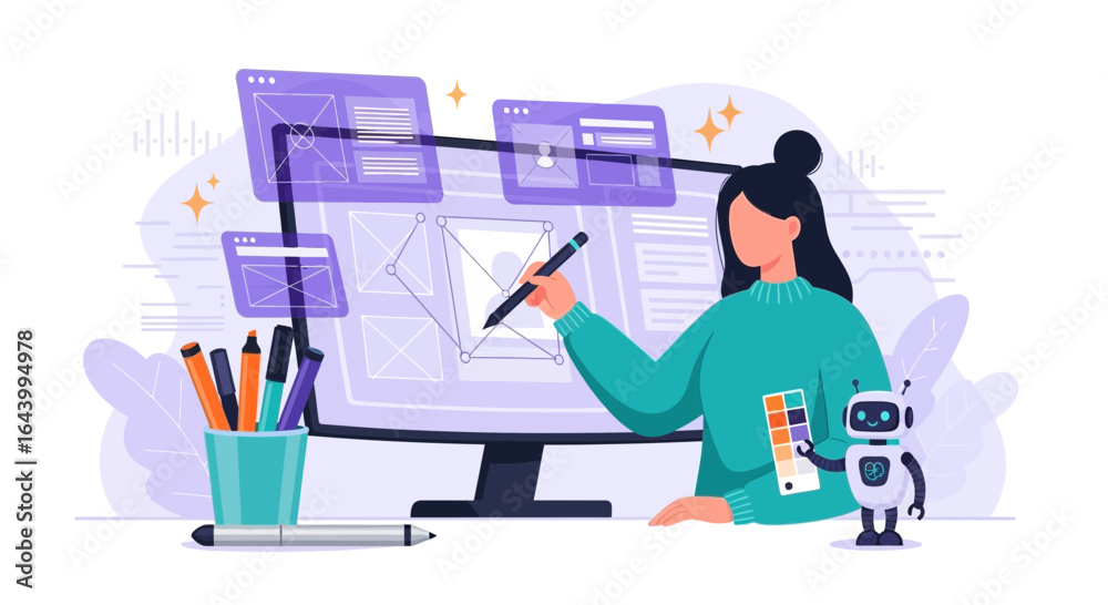 Wall mural a digital designer creating wireframes and layouts for website interface design on her monitor