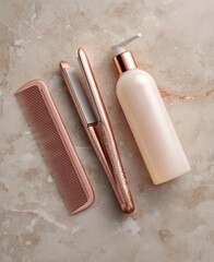 Rose gold hair straightener, comb, and hair product bottle arranged on a marble surface