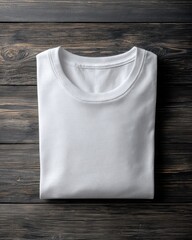 Neatly folded white crew-neck t-shirt on dark wood