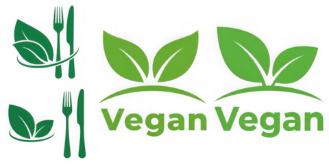 Vegan food and lifestyle symbols with green leaves