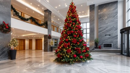Modern Office Lobby Decorated for the Holidays Featuring a Large Christmas Tree and Festive Elements
