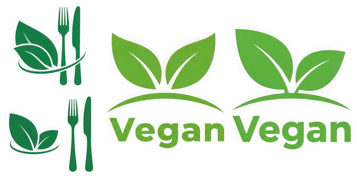 Vegan food and lifestyle symbols with green leaves