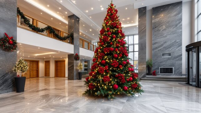 Modern Office Lobby Decorated for the Holidays Featuring a Large Christmas Tree and Festive Elements