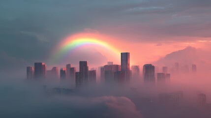 Surreal Futuristic Skyline with Rainbow Emerges from Fog at Dusk