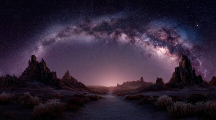 Surreal Alien Sky with Milky Way Backdrop Over Desert Landscape