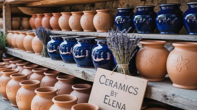 Ceramics by Elena Display with Blue and Brown Pots Lavender Decor Market Stall Craft Shop