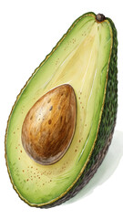 Watercolor illustration of a halved avocado, vibrant green, showing seed and texture; fresh, healthy, appetizing.