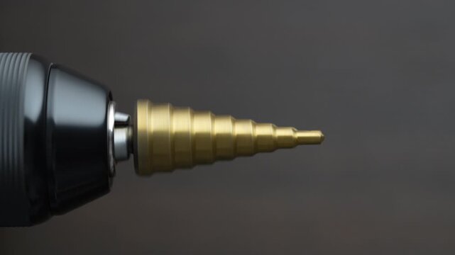 Conical step drill clamped in electric screwdriver rotates, close up. Step conical drill bit for drilling holes with different diameters on the wooden background. Hss step drill bit