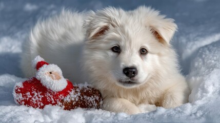 Fototapeta premium Fluffy White Puppy Lying in Snow with Festive Santa Toy Creating Playful Winter Scene