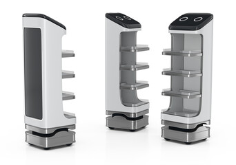 Promotion robots for retail stores. Smart service robots. 3d illustration transparent background