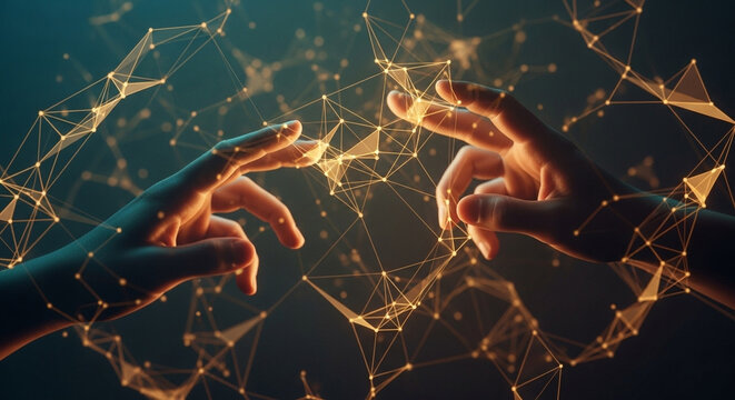 Two hands reaching towards a glowing network of connected dots and lines in a digital space - Powered by Adobe