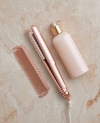 Rose gold hair straightener, matching comb, and lotion bottle rest on a marble surface