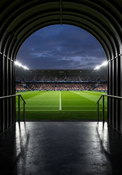 A high-contrast shot of a football stadium from the tunnel, highlighting the green field and glowing red lights
