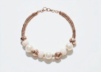 Obraz premium Rose gold necklace featuring textured metal beads, interspersed with large white pearls and smaller textured white beads, showcasing a delicate clasp