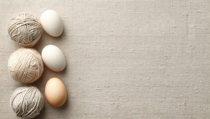 Three beige yarn balls and three eggs arranged vertically on a neutral fabric background, leaving ample space to the right