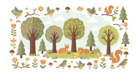 Whimsical Forest Scene with Birds, Squirrels, and Woodland Creatures.
