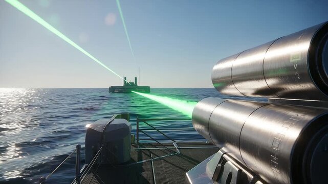Military Ship Firing Green Laser Beams Ocean Battle Scene Defense Weapon System Sea Warfare