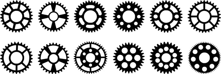 Black gears with various hole patterns and teeth mechanical industrial