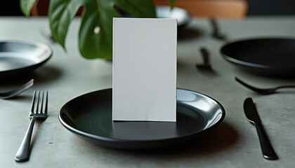 Table number mockup. Minimalist table card mockup on black dinner plate