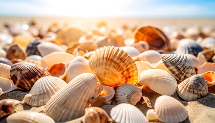 Seashells on sandy beach, sunlit