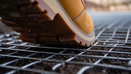 Close up of a work boot stepping onto a metal grate
