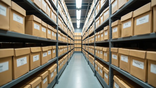 Organized storage area filled with labeled cardboard boxes on metal shelves, creating systematic and efficient environment