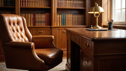 Brown Leather Office Chair Desk Bookshelf Study Room