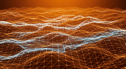 Abstract digital landscape with interconnected nodes and lines forming a network, against an orange background.