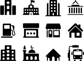 Obraz premium Collection of building icons including hospital school office gas station shop mosque house and bus