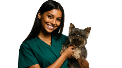 Young woman veterinarian holding small dog