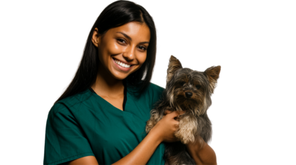 Young woman veterinarian holding small dog