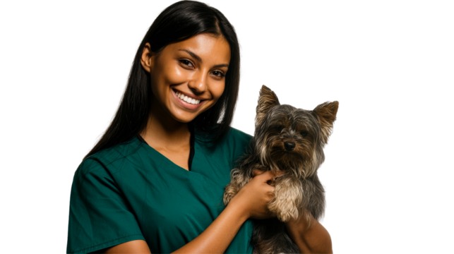 Young woman veterinarian holding small dog