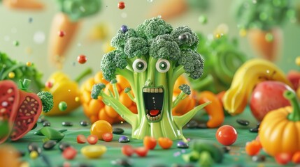 green background cartoon scene with jumping broccoli vegetables with bulging eyes