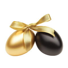 golden and black eggs with a ribbon, Golden and black decorative eggs tied with a ribbon, isolated on transparent background