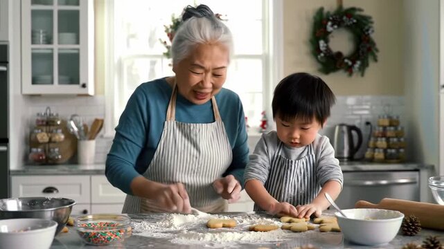 old asian woman baking cookies with grandchild at kitchen with flour and ingredients. festive christmas mood. new year spirit, winter celebration. greeting card, holiday campaign.