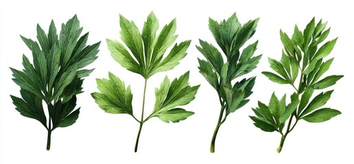 Watercolor painting of four lush green leafy stems, each with unique branching patterns and serrated leaf edges, isolated on a white background